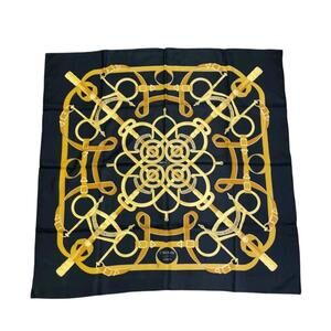 HERMES Carre 90 Black "Eperon d'or" 100% Silk Scarf Vintage Golden Spurs Twilly